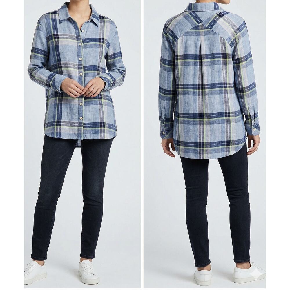 Habitat Womens Medium Blue Plaid Button Front Shirt Linen Cotton Blend